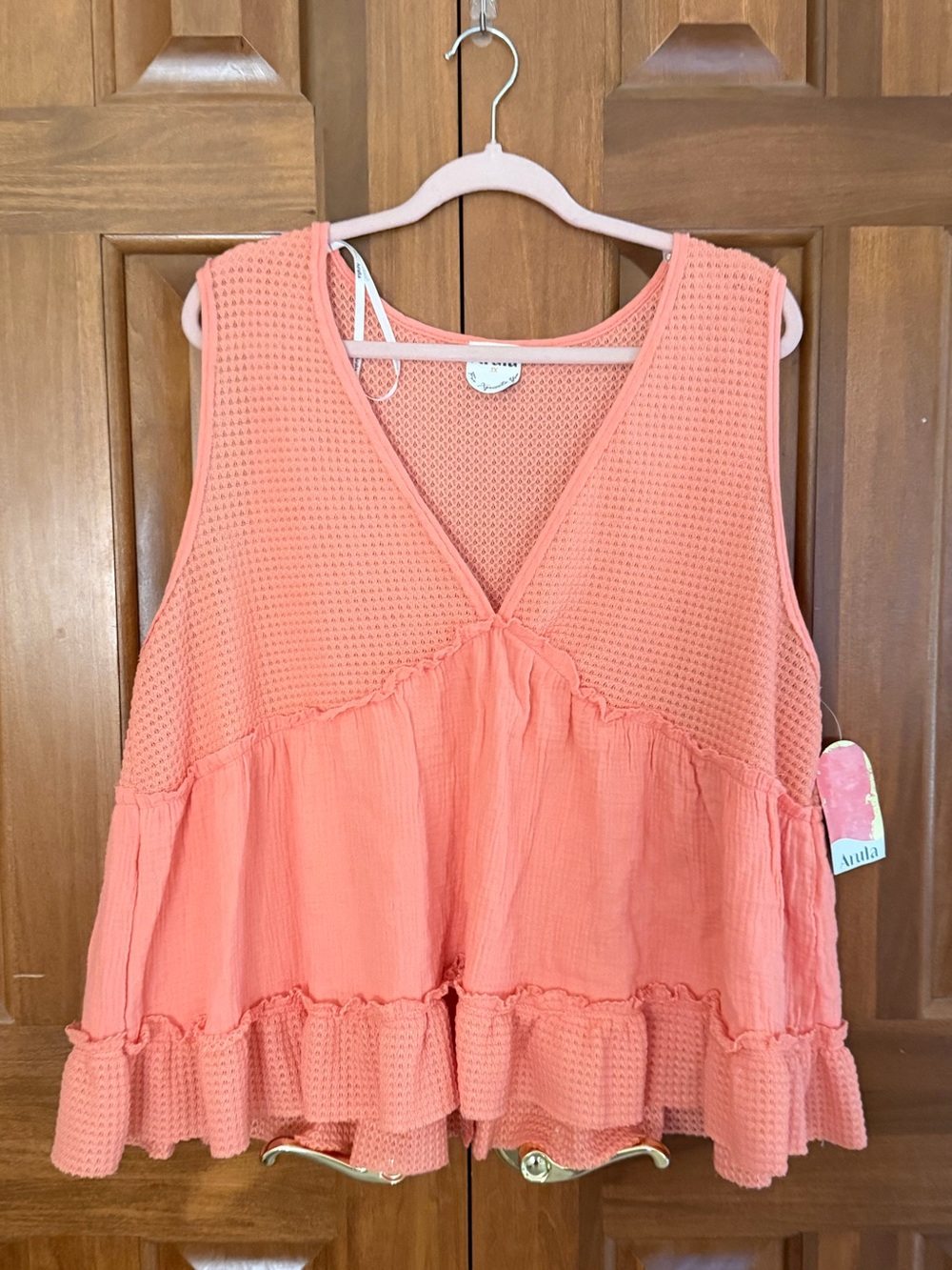 ARULA Peach Crochet & Gauze Tiered Tank Top